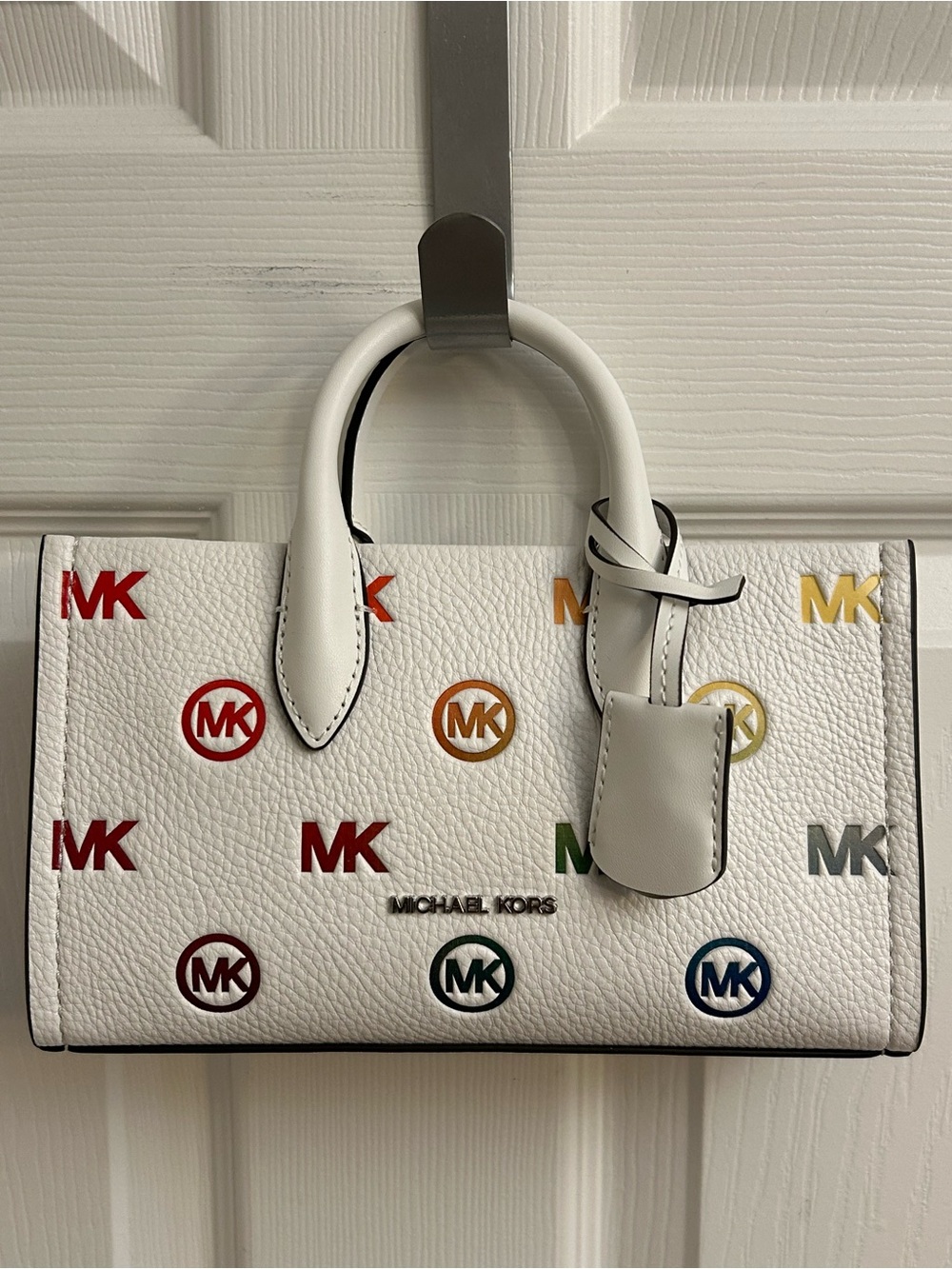 Michael Kors White Leather Satchel with Multicolor MK Accents